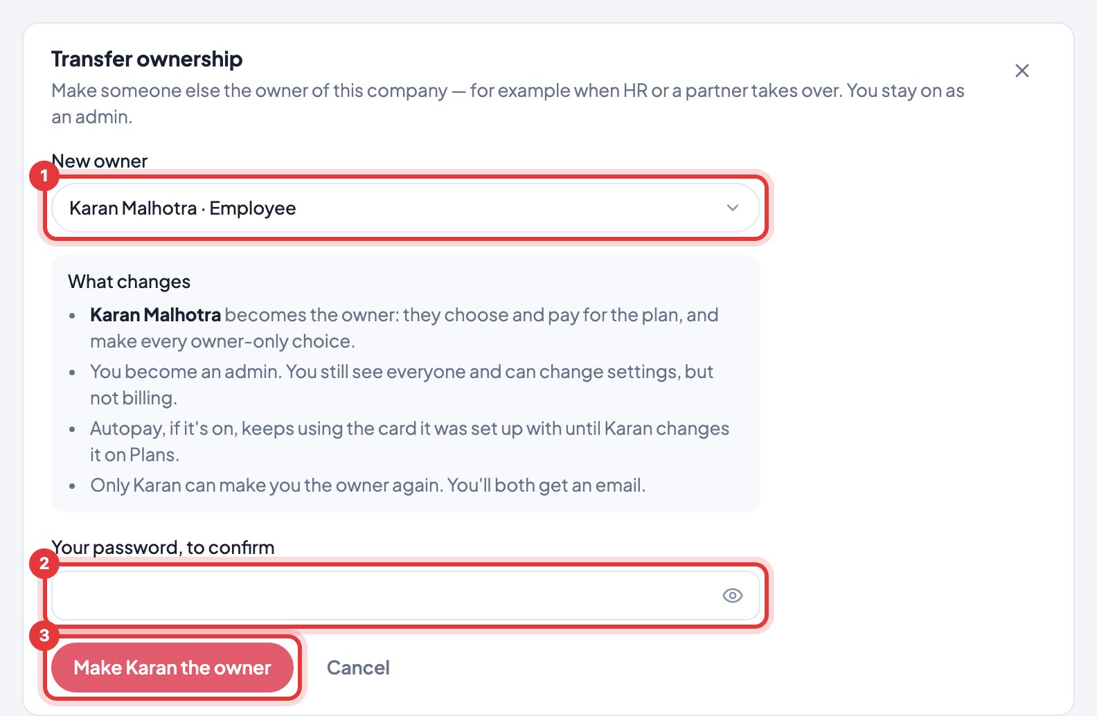 Settings → Organization → Transfer ownership